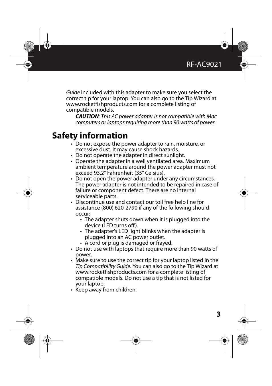 Safety information | RocketFish RF-AC9021 - User Manual User Manual | Page 3 / 15