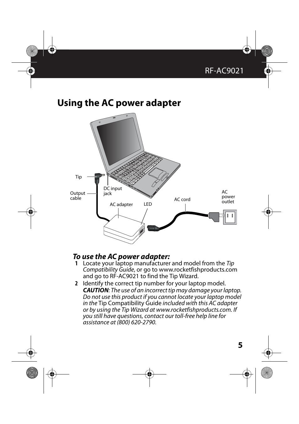 Using the ac power adapter, To use the ac power adapter | RocketFish RF-AC9021 - User Manual User Manual | Page 5 / 15