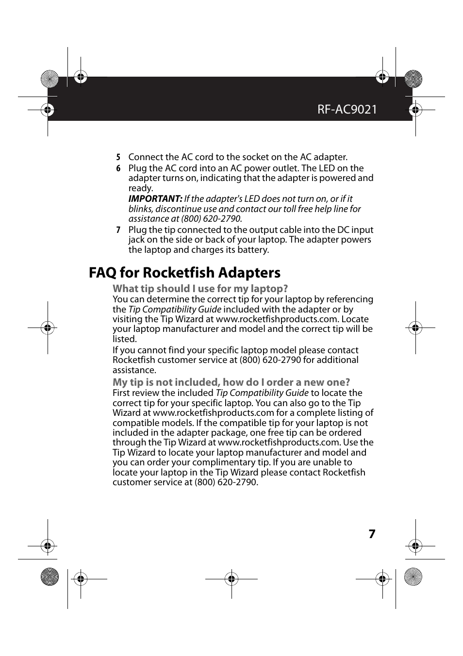 Faq for rocketfish adapters, What tip should i use for my laptop, My tip is not included, how do i order a new one | RocketFish RF-AC9021 - User Manual User Manual | Page 7 / 15