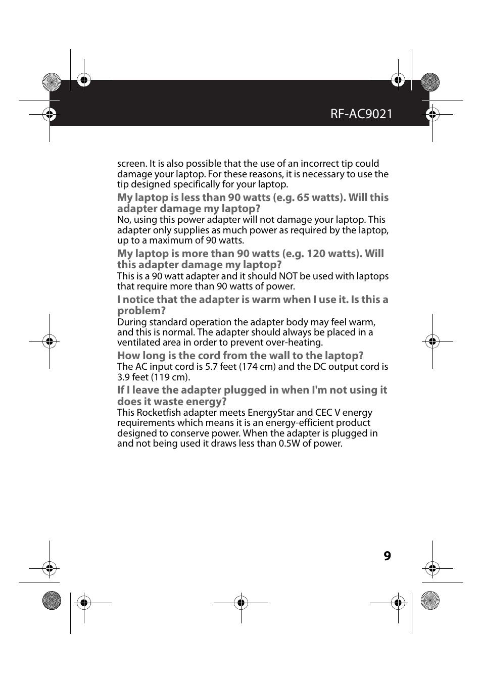 How long is the cord from the wall to the laptop | RocketFish RF-AC9021 - User Manual User Manual | Page 9 / 15