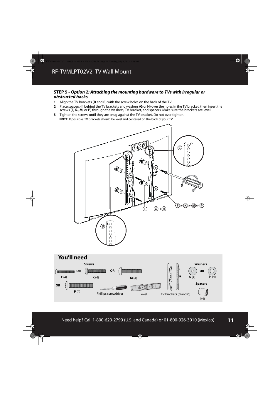 Rf-tvmlpt02v2 tv wall mount, You’ll need | RocketFish RF-TVMLPT02 - User Manual User Manual | Page 11 / 15