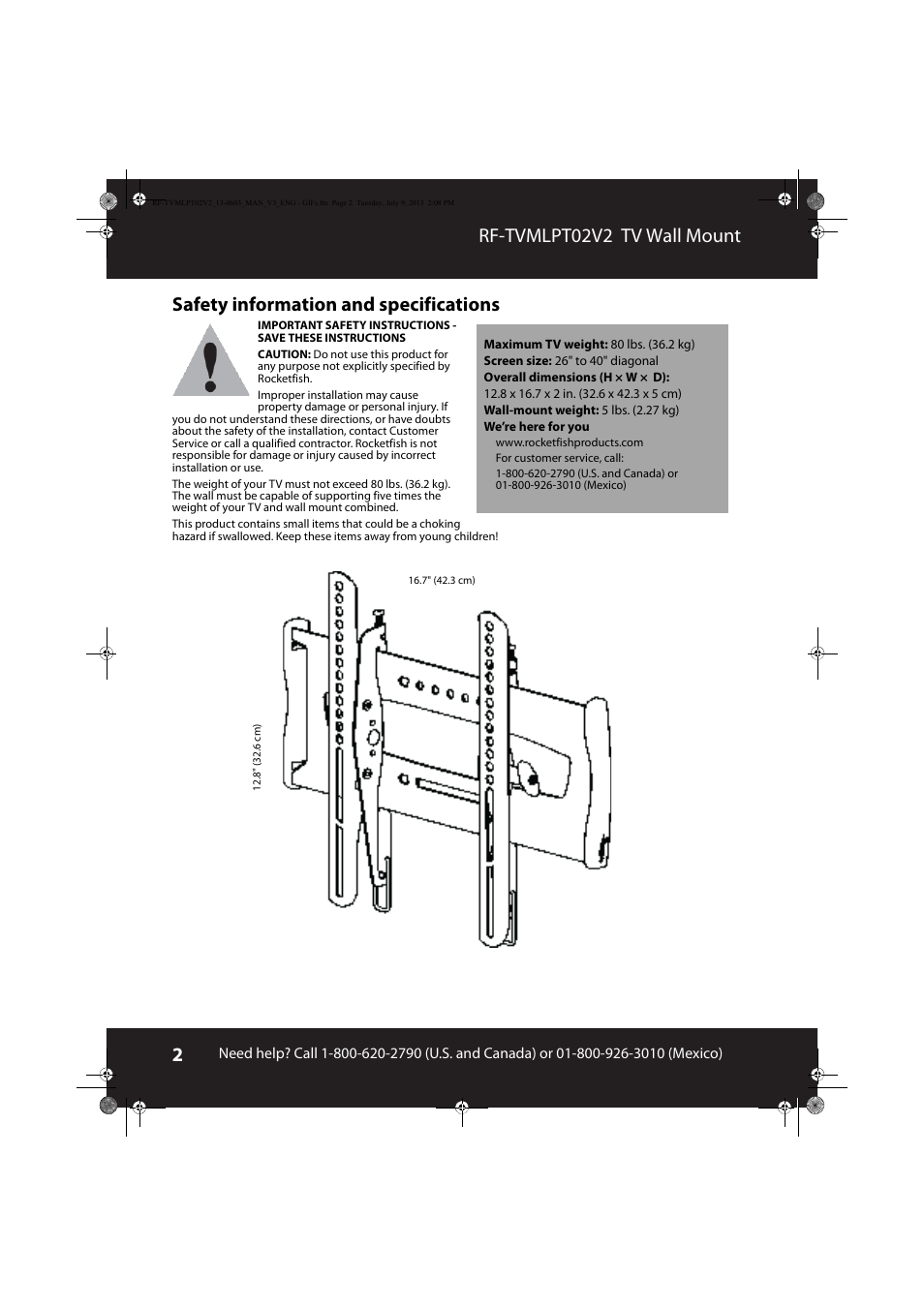 Safety information and specifications | RocketFish RF-TVMLPT02 - User Manual User Manual | Page 2 / 15
