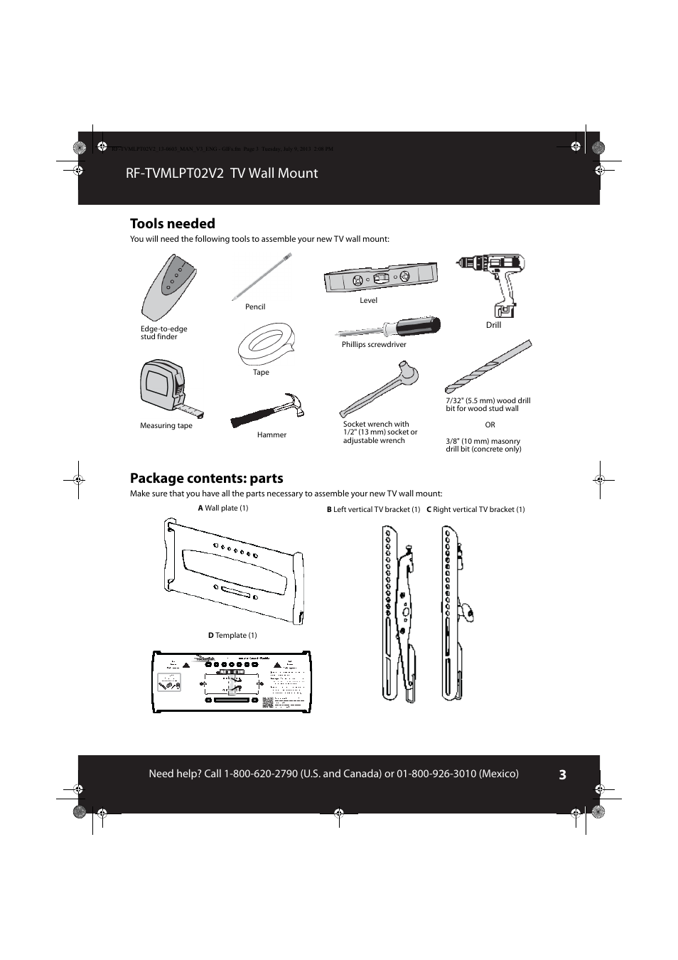 Tools needed, Package contents: parts, Rf-tvmlpt02v2 tv wall mount tools needed | RocketFish RF-TVMLPT02 - User Manual User Manual | Page 3 / 15