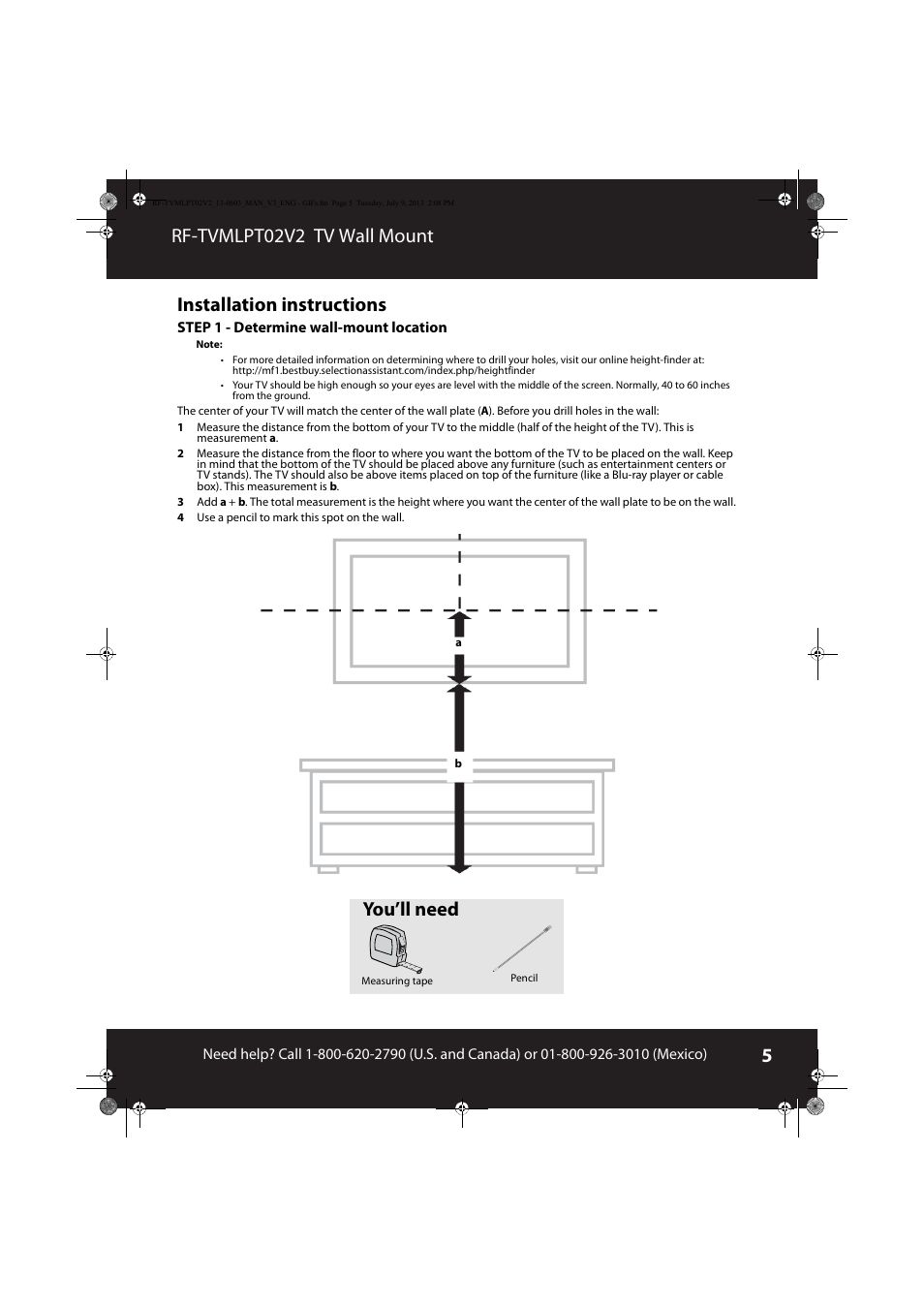 Installation instructions, You’ll need | RocketFish RF-TVMLPT02 - User Manual User Manual | Page 5 / 15