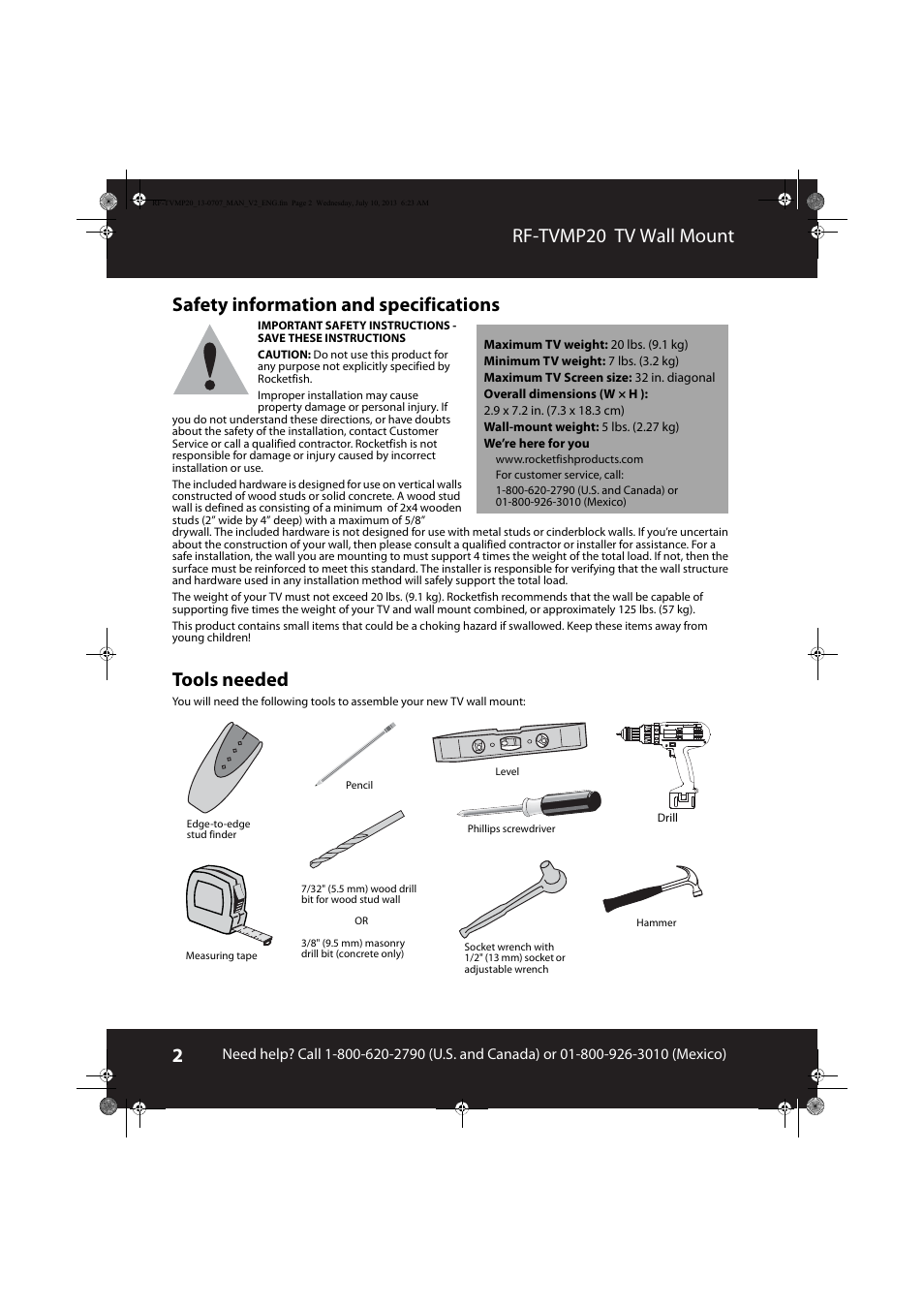 Safety information and specifications, Tools needed, Safety information and specifications tools needed | RocketFish RF-TVMP20 - User Manual User Manual | Page 2 / 16