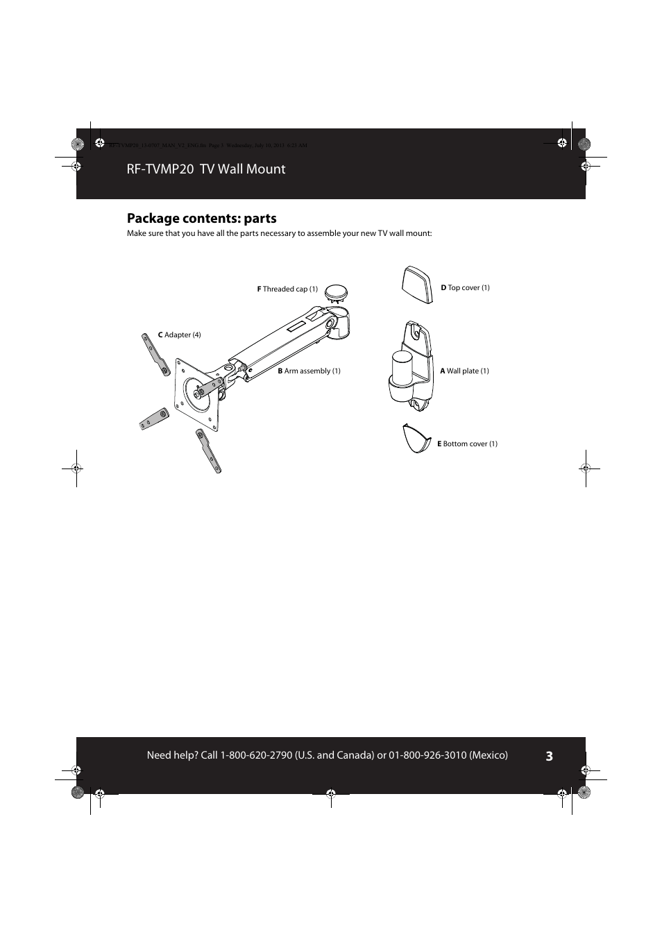 Package contents: parts, Rf-tvmp20 tv wall mount package contents: parts | RocketFish RF-TVMP20 - User Manual User Manual | Page 3 / 16