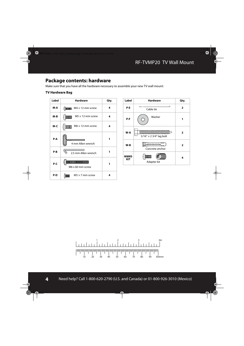 Package contents: hardware, Rf-tvmp20 tv wall mount package contents: hardware | RocketFish RF-TVMP20 - User Manual User Manual | Page 4 / 16