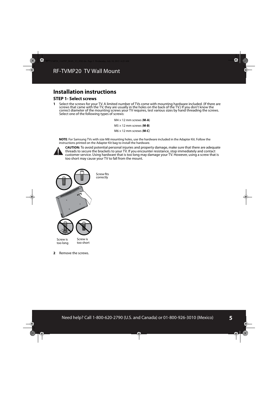 Installation instructions, Rf-tvmp20 tv wall mount installation instructions | RocketFish RF-TVMP20 - User Manual User Manual | Page 5 / 16