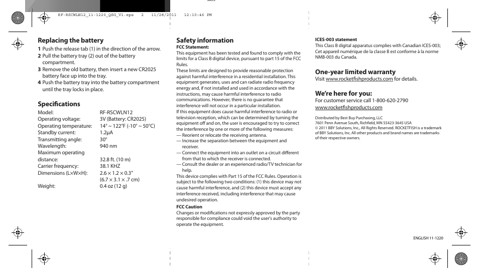 Safety information, Replacing the battery, Specifications | One-year limited warranty, We’re here for you | RocketFish RF-RSCWLN12 - Quick Setup Guide User Manual | Page 2 / 2