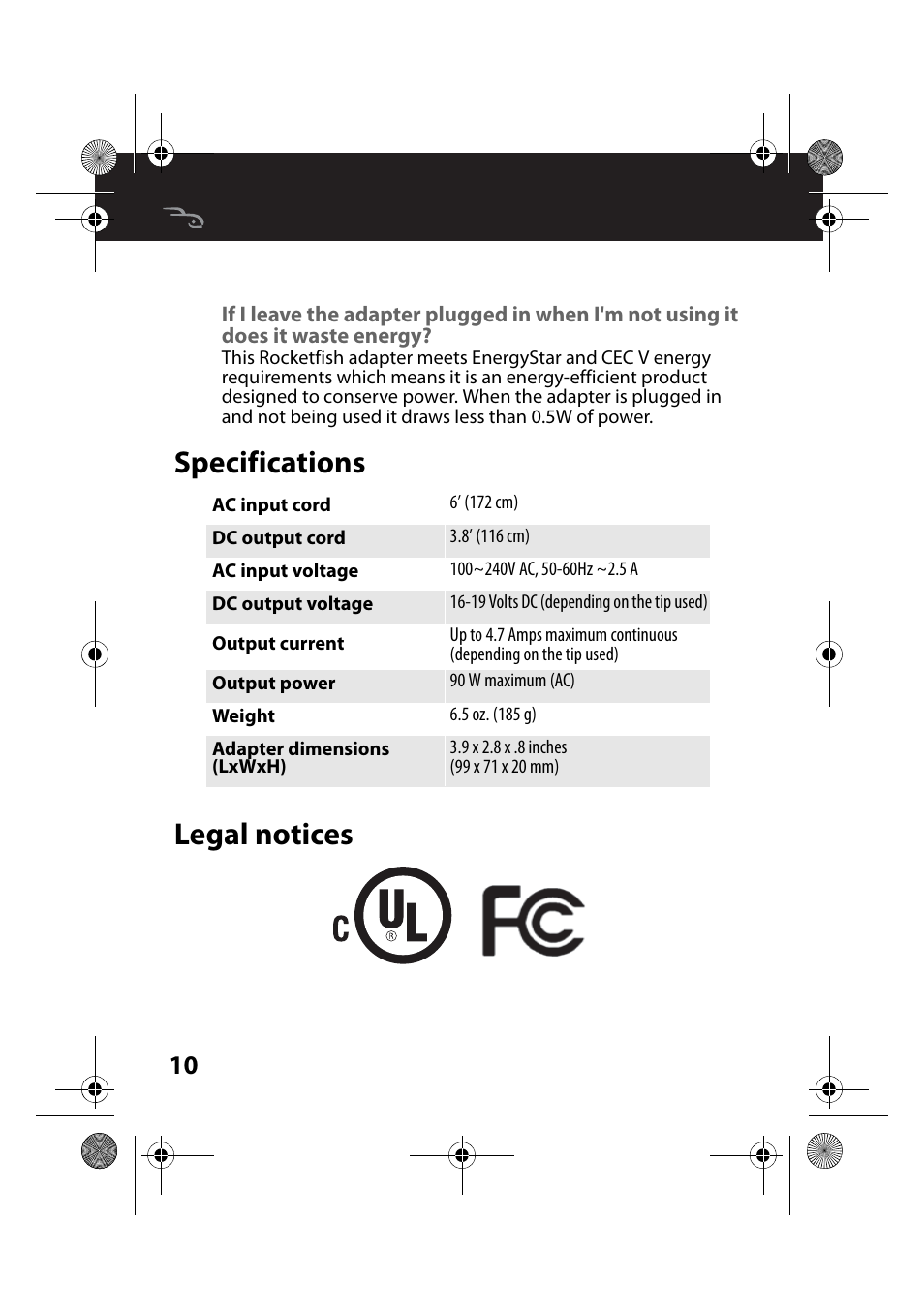 Specifications, Legal notices, Specifications legal notices | RocketFish RF-AC9023 - User Manual User Manual | Page 10 / 15