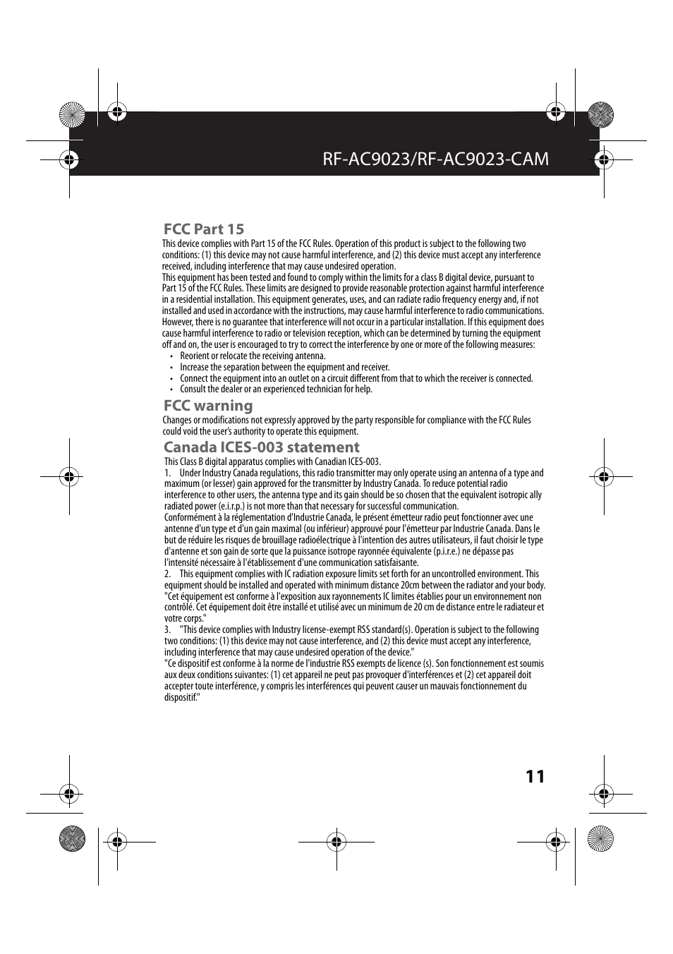 Fcc part 15, Fcc warning, Canada ices-003 statement | RocketFish RF-AC9023 - User Manual User Manual | Page 11 / 15