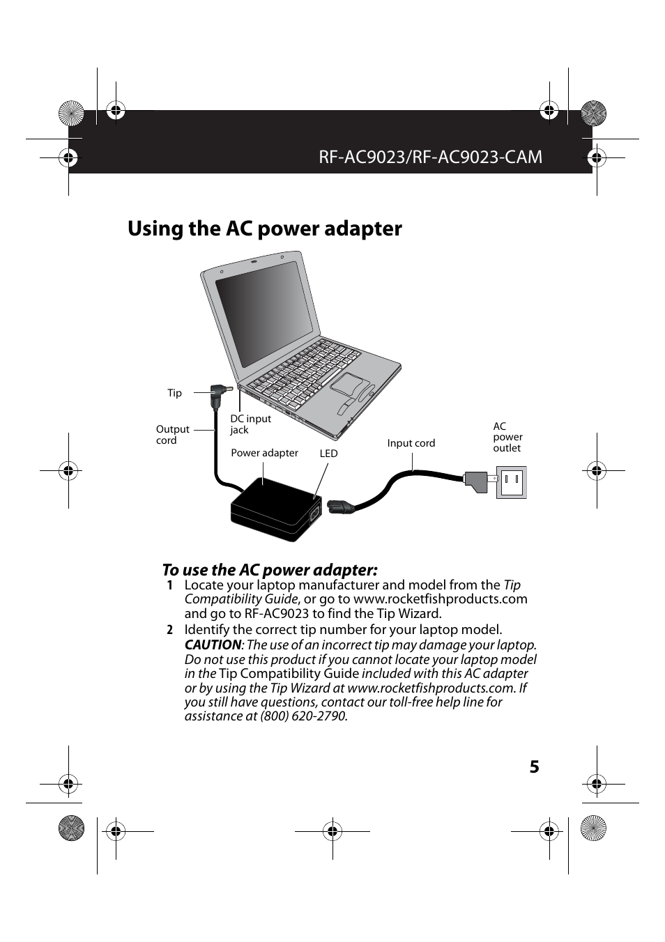 Using the ac power adapter, To use the ac power adapter | RocketFish RF-AC9023 - User Manual User Manual | Page 5 / 15