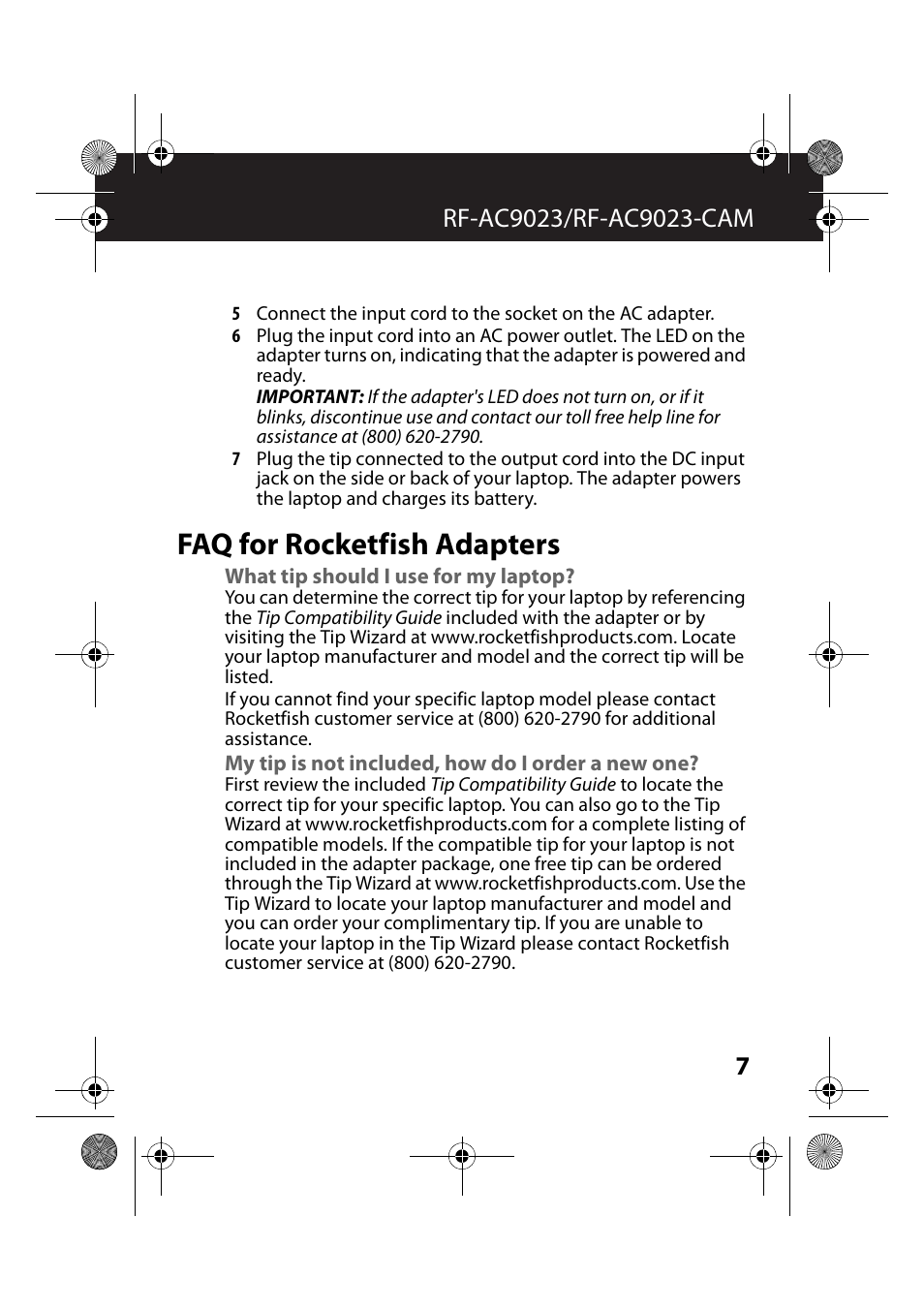 Faq for rocketfish adapters, What tip should i use for my laptop, My tip is not included, how do i order a new one | RocketFish RF-AC9023 - User Manual User Manual | Page 7 / 15