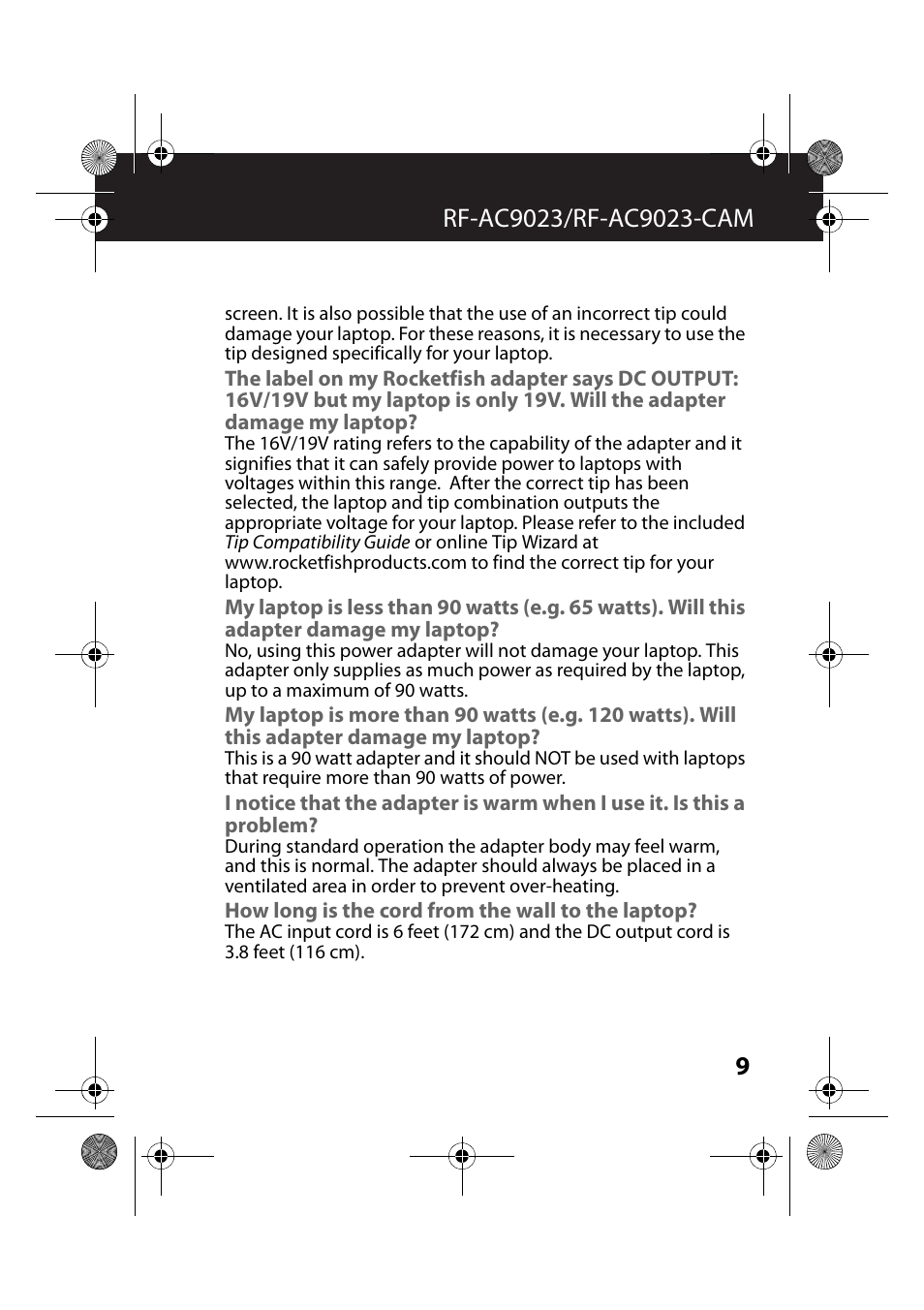 How long is the cord from the wall to the laptop | RocketFish RF-AC9023 - User Manual User Manual | Page 9 / 15