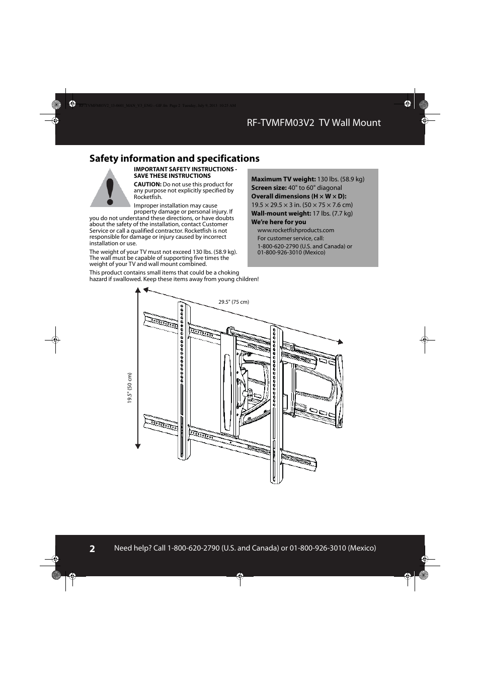 Safety information and specifications | RocketFish RF-TVMFM03 - User Manual User Manual | Page 2 / 19