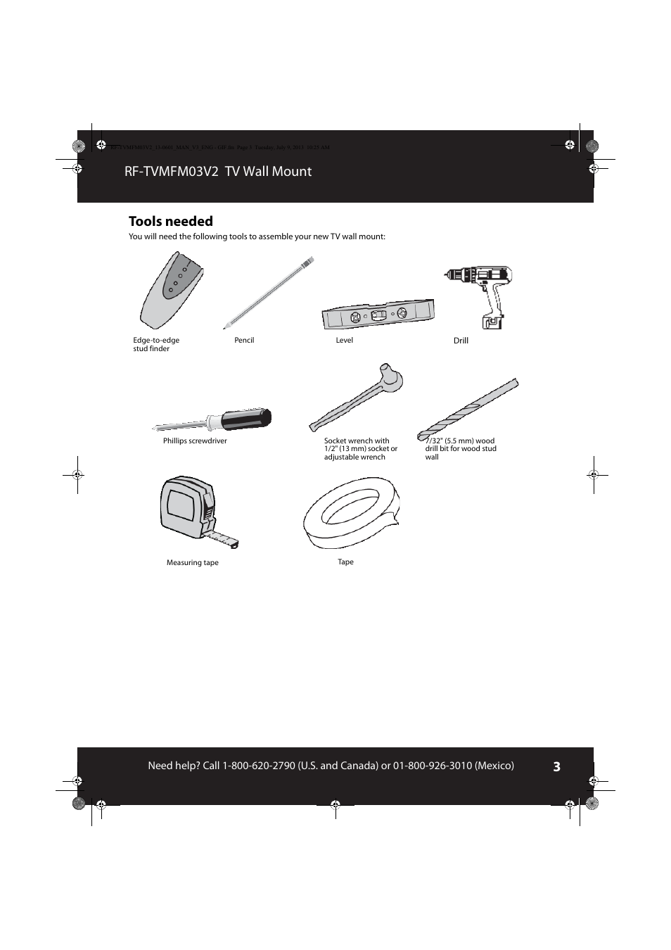 Tools needed, Rf-tvmfm03v2 tv wall mount tools needed | RocketFish RF-TVMFM03 - User Manual User Manual | Page 3 / 19