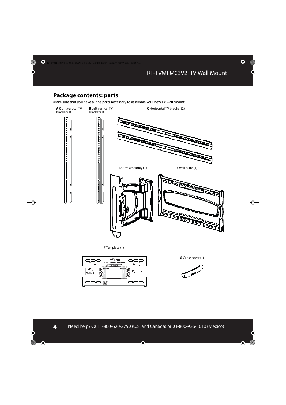 Package contents: parts, Rf-tvmfm03v2 tv wall mount | RocketFish RF-TVMFM03 - User Manual User Manual | Page 4 / 19