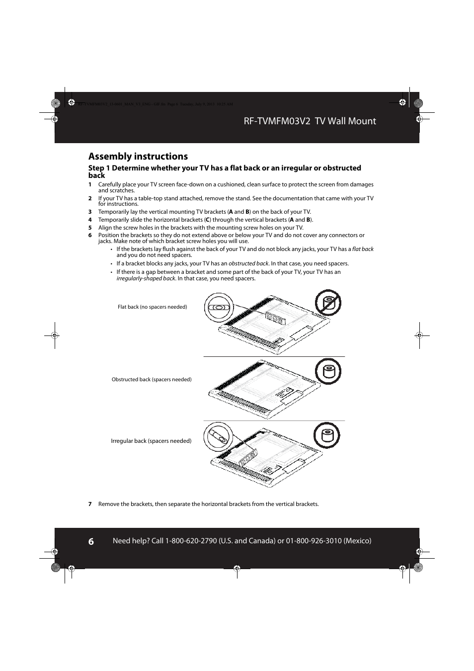 Assembly instructions, Rf-tvmfm03v2 tv wall mount assembly instructions | RocketFish RF-TVMFM03 - User Manual User Manual | Page 6 / 19