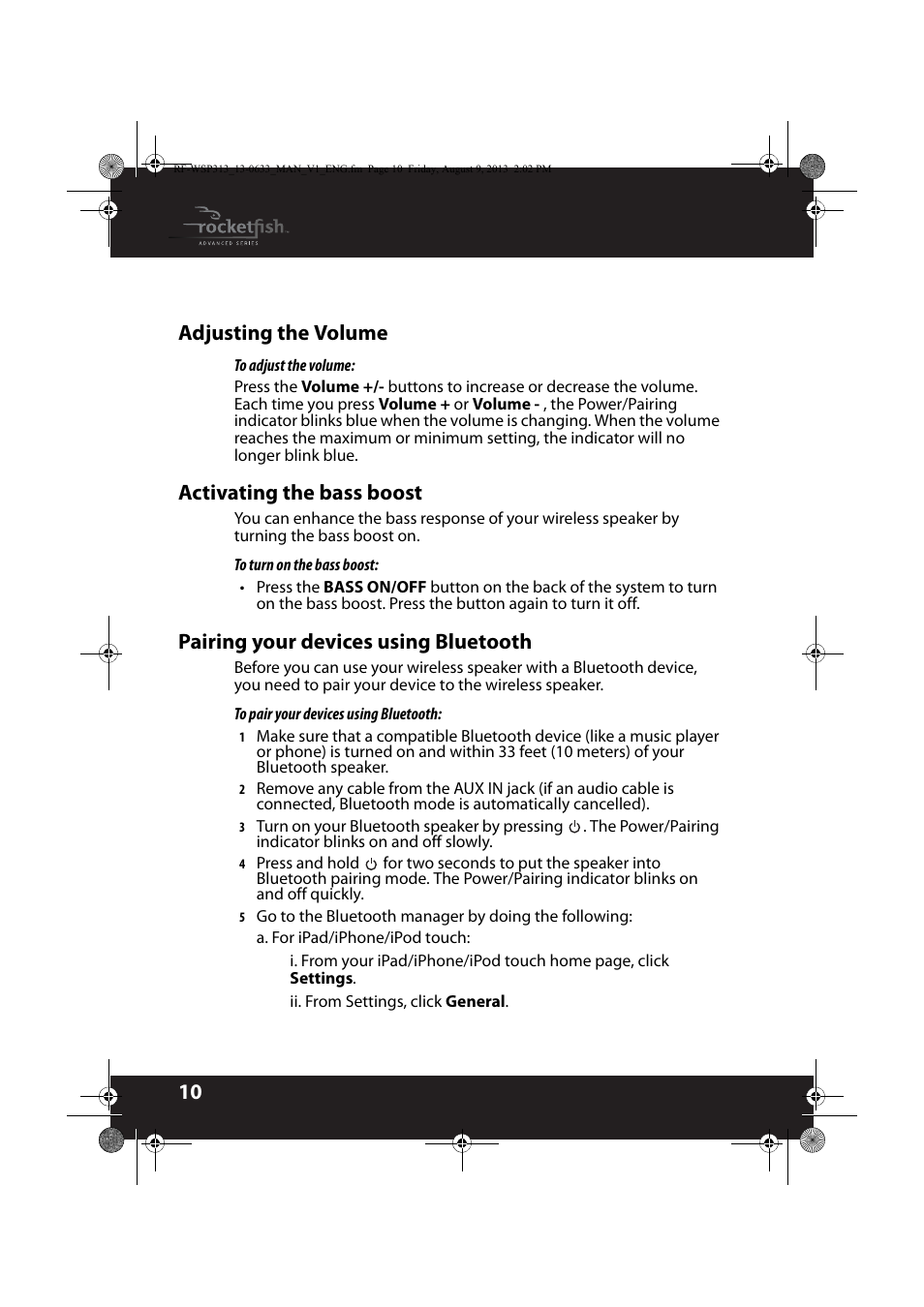 Adjusting the volume, Activating the bass boost, Pairing your devices using bluetooth | 10 adjusting the volume | RocketFish RF-WSP313 - User Manual User Manual | Page 10 / 19