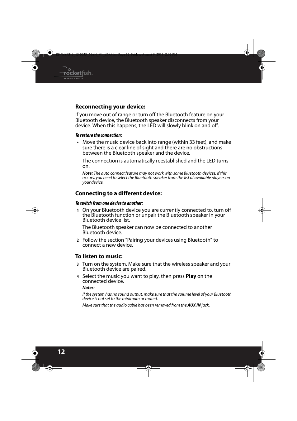 Reconnecting your device, Connecting to a different device, To listen to music | RocketFish RF-WSP313 - User Manual User Manual | Page 12 / 19