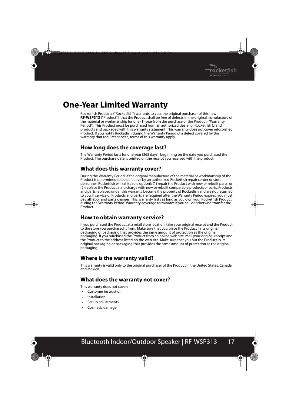 One-year limited warranty, How long does the coverage last, What does this warranty cover | How to obtain warranty service, Where is the warranty valid, What does the warranty not cover | RocketFish RF-WSP313 - User Manual User Manual | Page 17 / 19