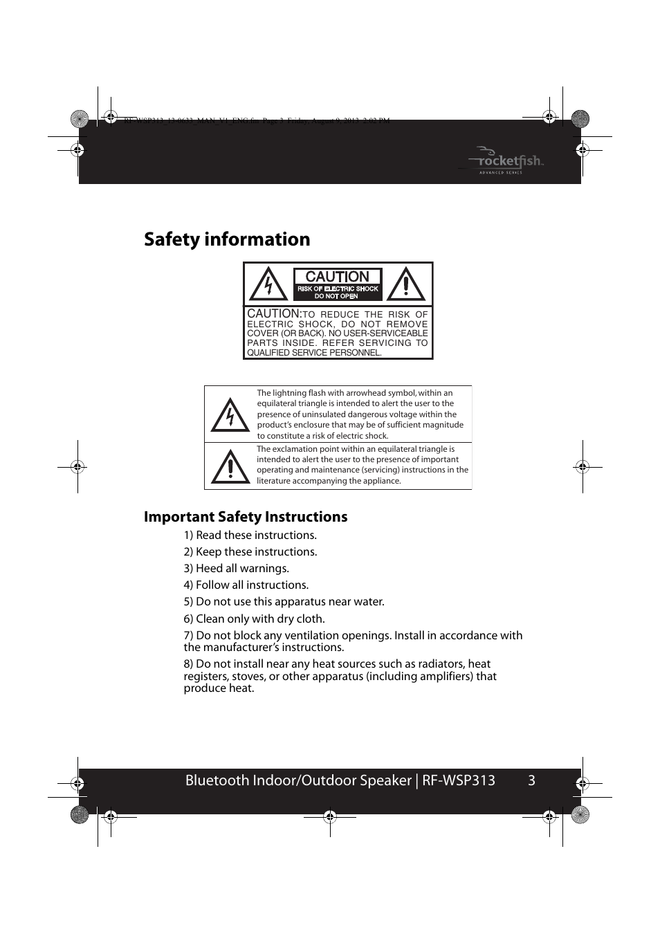 Safety information, Important safety instructions, 3bluetooth indoor/outdoor speaker | rf-wsp313 | RocketFish RF-WSP313 - User Manual User Manual | Page 3 / 19