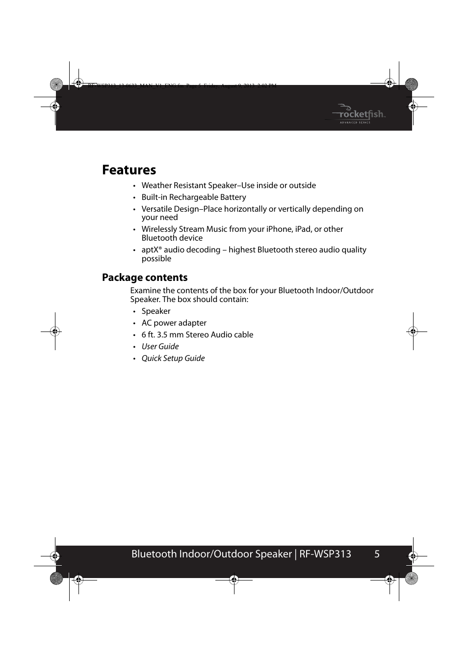 Features, Package contents, 5bluetooth indoor/outdoor speaker | rf-wsp313 | RocketFish RF-WSP313 - User Manual User Manual | Page 5 / 19