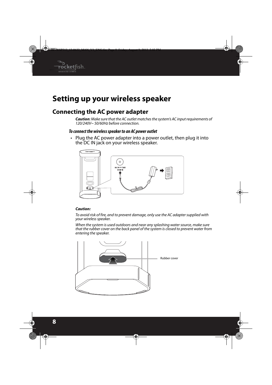 Setting up your wireless speaker, Connecting the ac power adapter | RocketFish RF-WSP313 - User Manual User Manual | Page 8 / 19