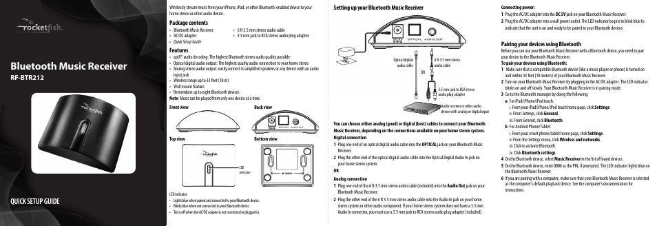 RocketFish RF-BTR212 - Quick Setup Guide User Manual | 2 pages