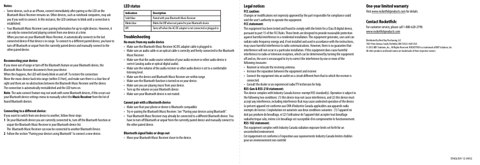 RocketFish RF-BTR212 - Quick Setup Guide User Manual | Page 2 / 2