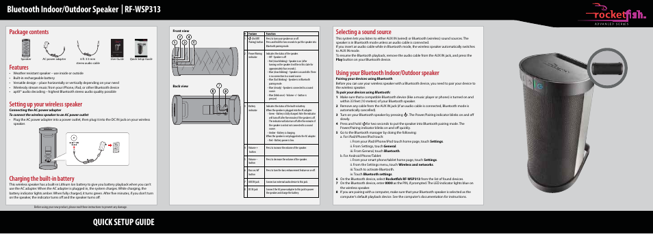 RocketFish RF-WSP313 - Quick Setup Guide User Manual | 2 pages