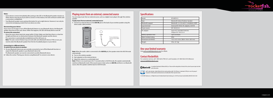 Playing music from an external, connected source, Specifications one-year limited warranty, Contact rocketfish | RocketFish RF-WSP313 - Quick Setup Guide User Manual | Page 2 / 2