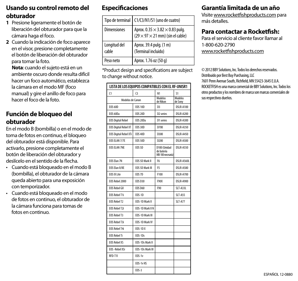 Usando su control remoto del obturador, Función de bloqueo del obturador, Garantía limitada de un año | Para contactar a rocketfish, Especificaciones | RocketFish RF-UNISR1 - Quick Setup Guide User Manual | Page 2 / 2