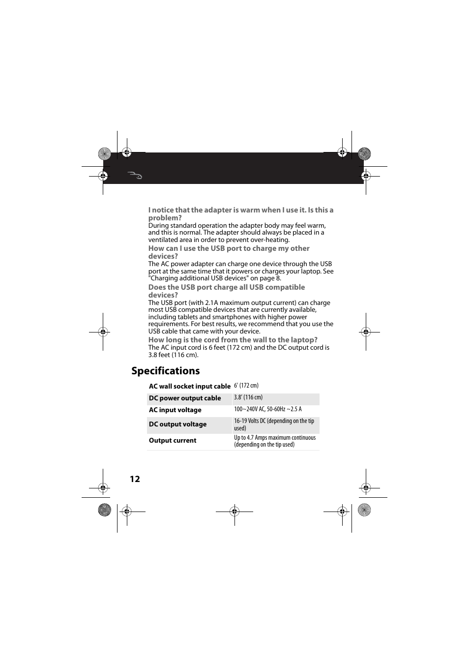 How long is the cord from the wall to the laptop, Specifications | RocketFish RF-ACU9025 - User Manual User Manual | Page 12 / 19
