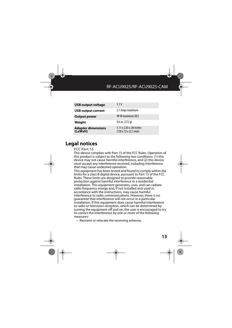 Legal notices, Fcc part 15 | RocketFish RF-ACU9025 - User Manual User Manual | Page 13 / 19