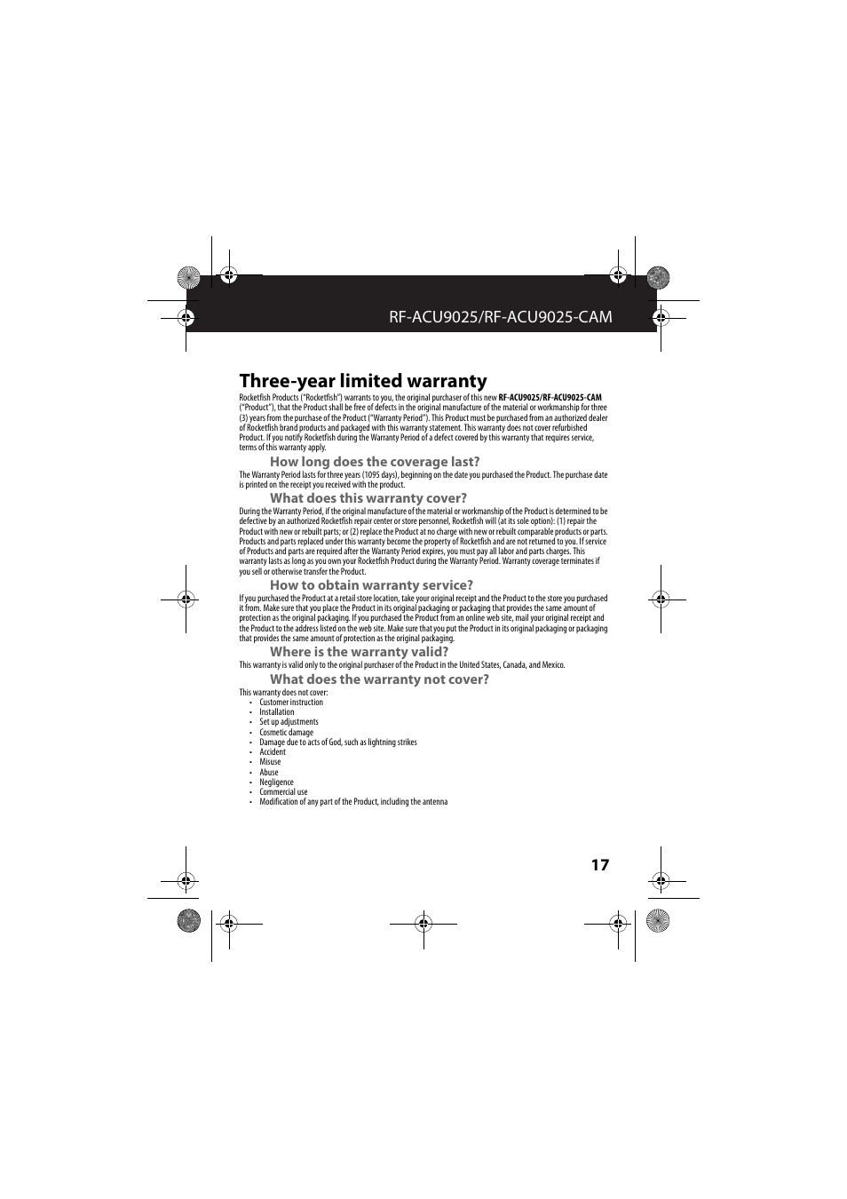 Three-year limited warranty, How long does the coverage last, What does this warranty cover | How to obtain warranty service, Where is the warranty valid, What does the warranty not cover | RocketFish RF-ACU9025 - User Manual User Manual | Page 17 / 19
