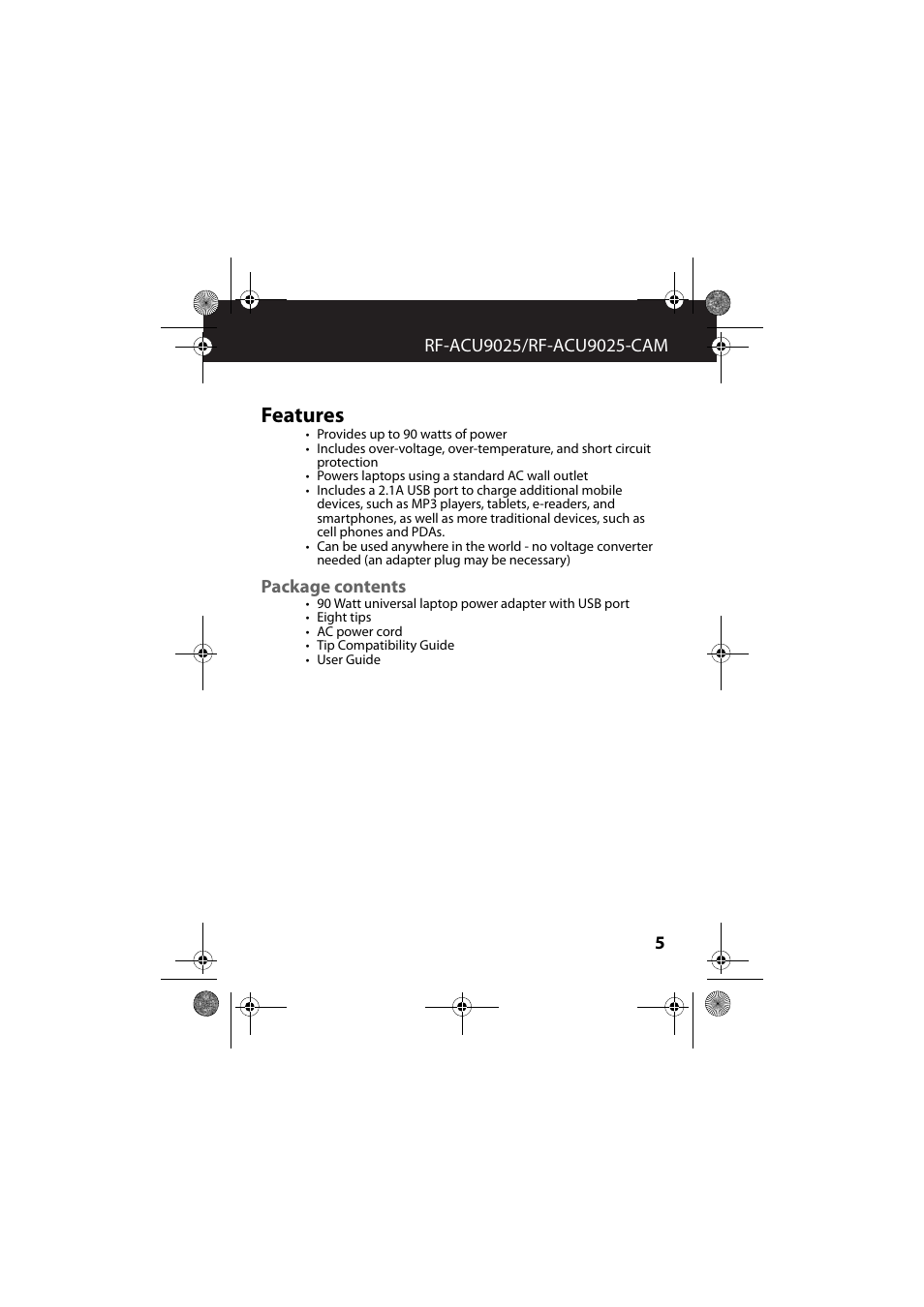 Features, Package contents | RocketFish RF-ACU9025 - User Manual User Manual | Page 5 / 19