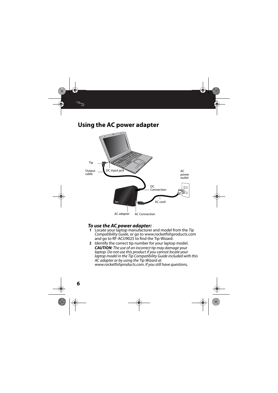 Using the ac power adapter, To use the ac power adapter | RocketFish RF-ACU9025 - User Manual User Manual | Page 6 / 19