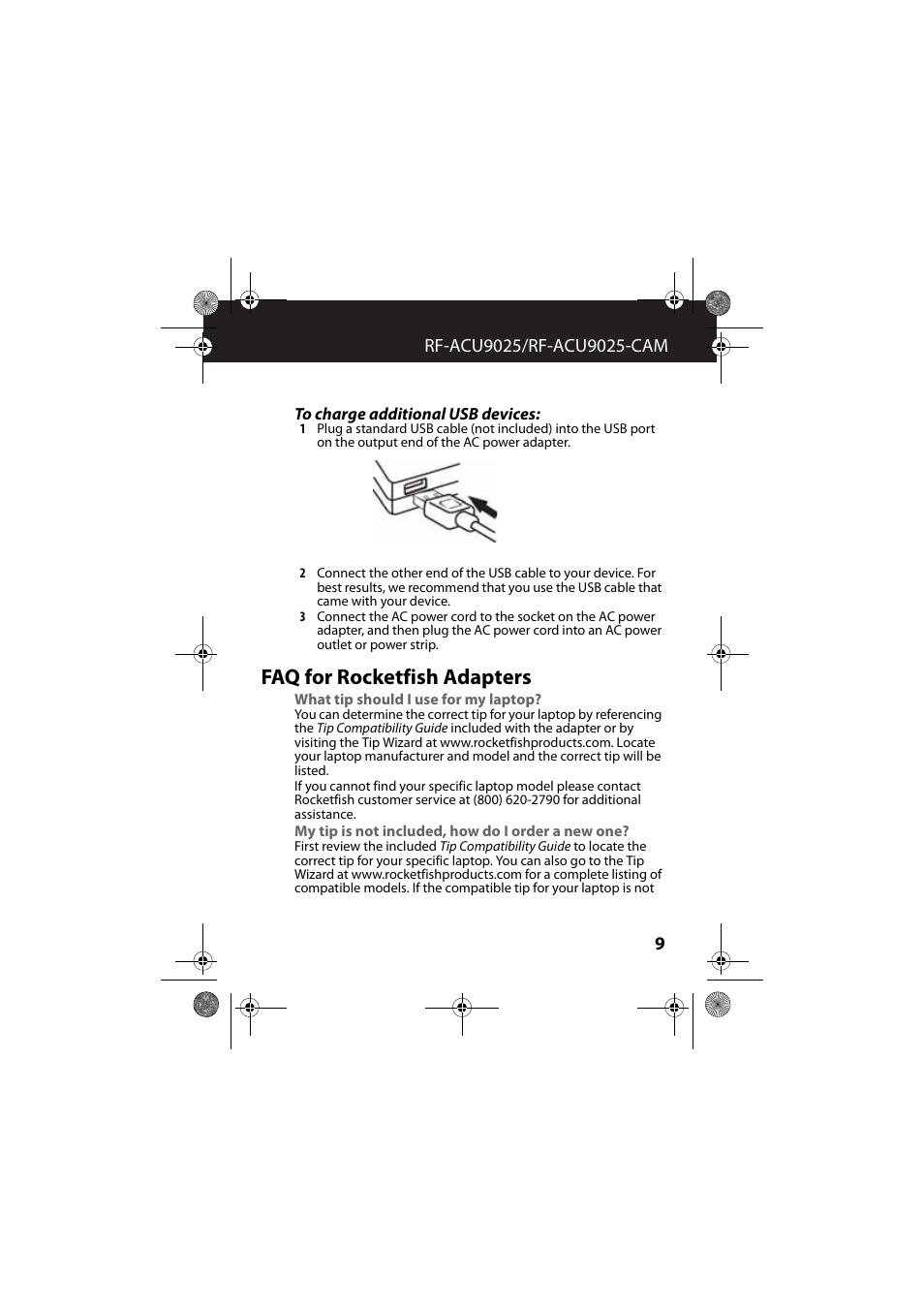 To charge additional usb devices, Faq for rocketfish adapters, What tip should i use for my laptop | My tip is not included, how do i order a new one | RocketFish RF-ACU9025 - User Manual User Manual | Page 9 / 19