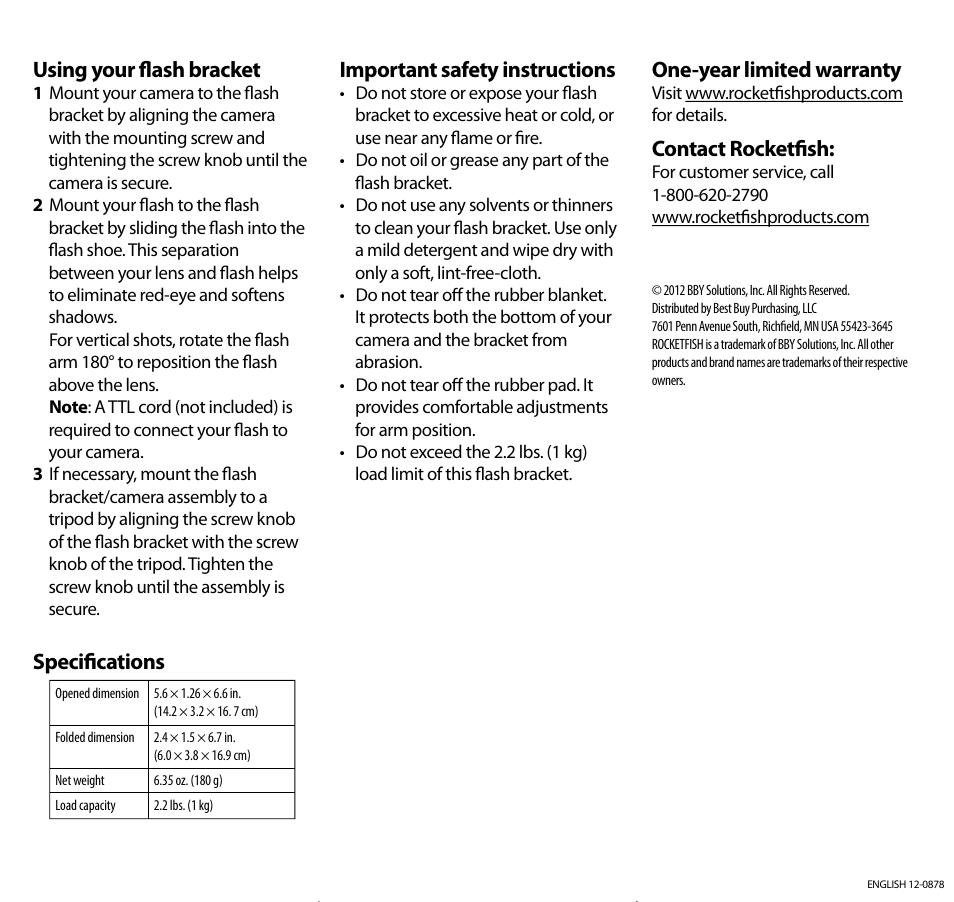 Using your flash bracket, Specifications, Important safety instructions | One-year limited warranty, Contact rocketfish | RocketFish RF-CFB01 - Quick Setup Guide User Manual | Page 2 / 2