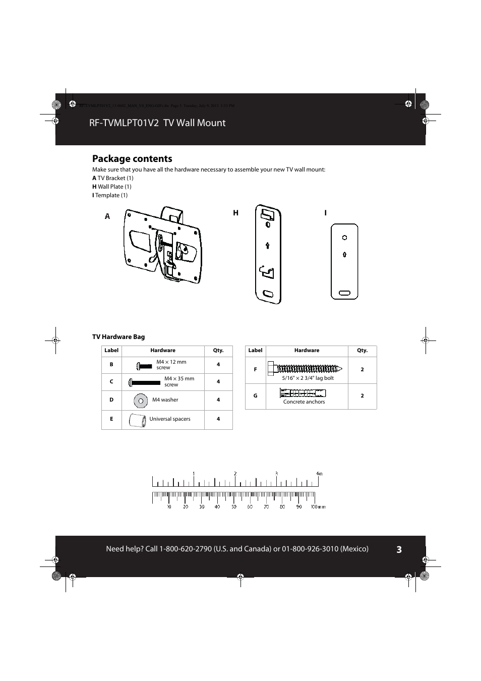 Package contents, Rf-tvmlpt01v2 tv wall mount package contents | RocketFish RF-TVMLPT01 - User Manual User Manual | Page 3 / 14