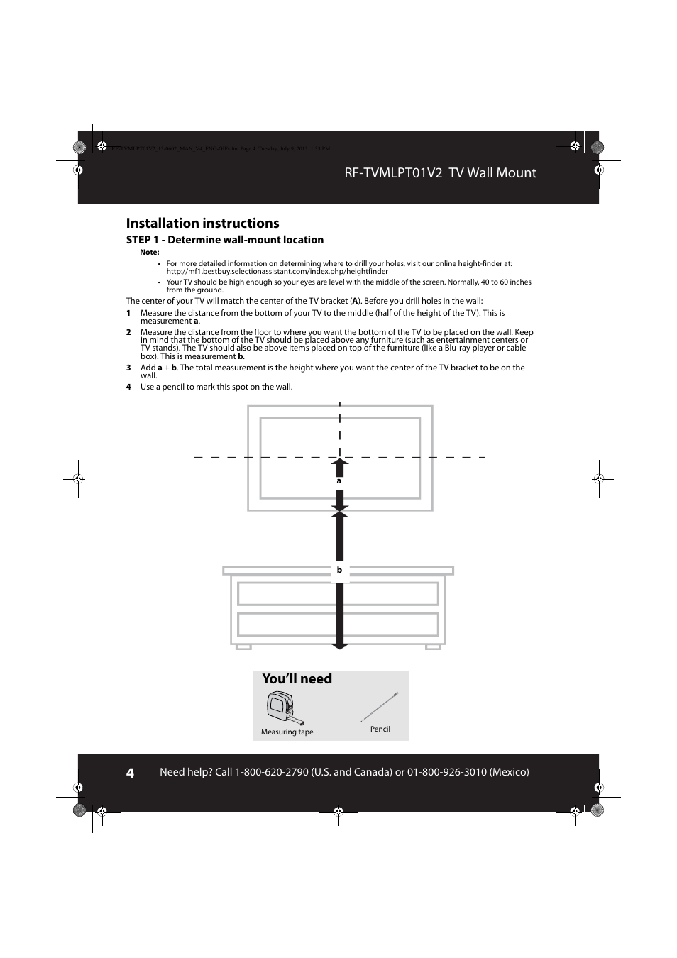 Installation instructions, You’ll need | RocketFish RF-TVMLPT01 - User Manual User Manual | Page 4 / 14