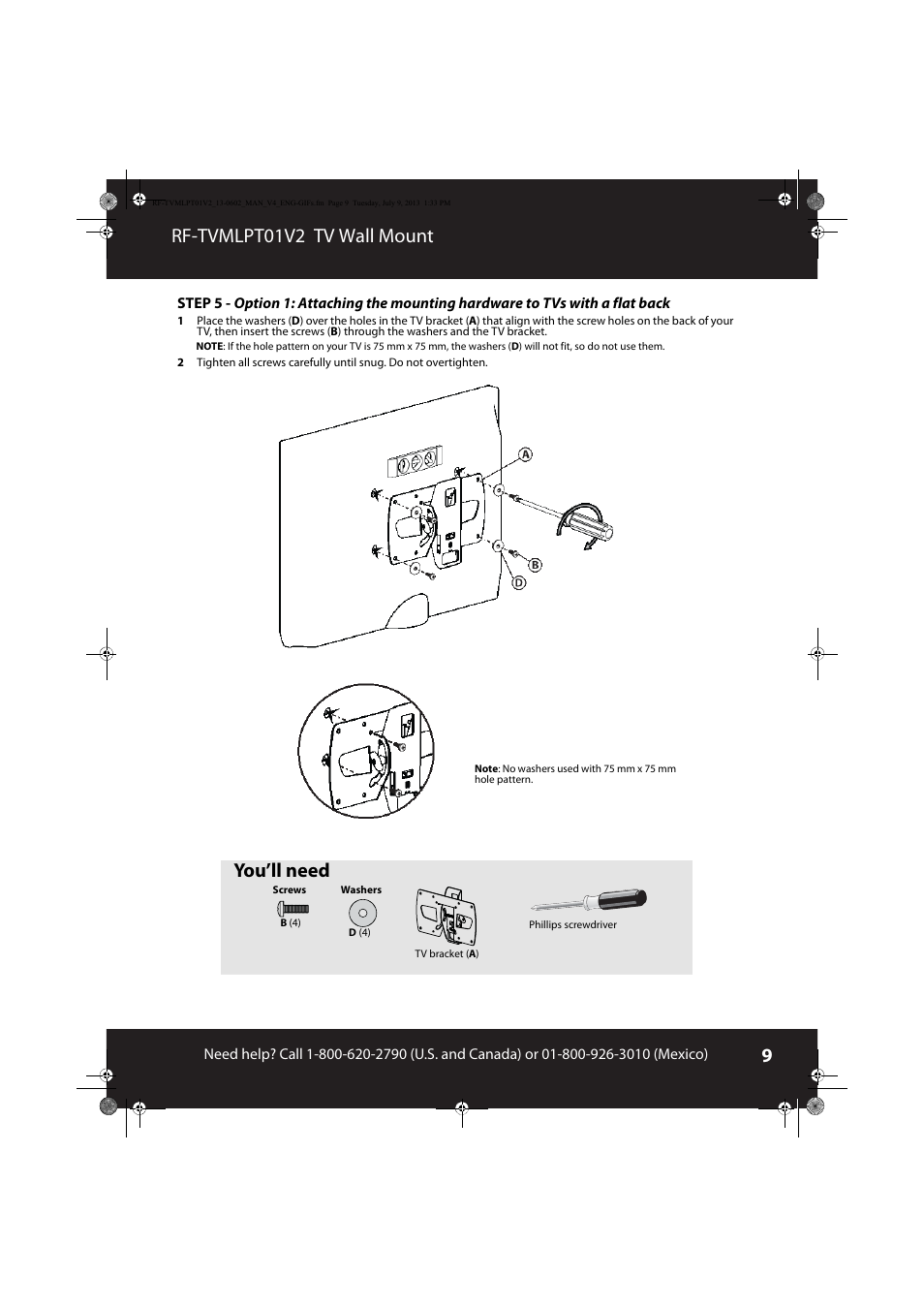 Rf-tvmlpt01v2 tv wall mount, You’ll need | RocketFish RF-TVMLPT01 - User Manual User Manual | Page 9 / 14