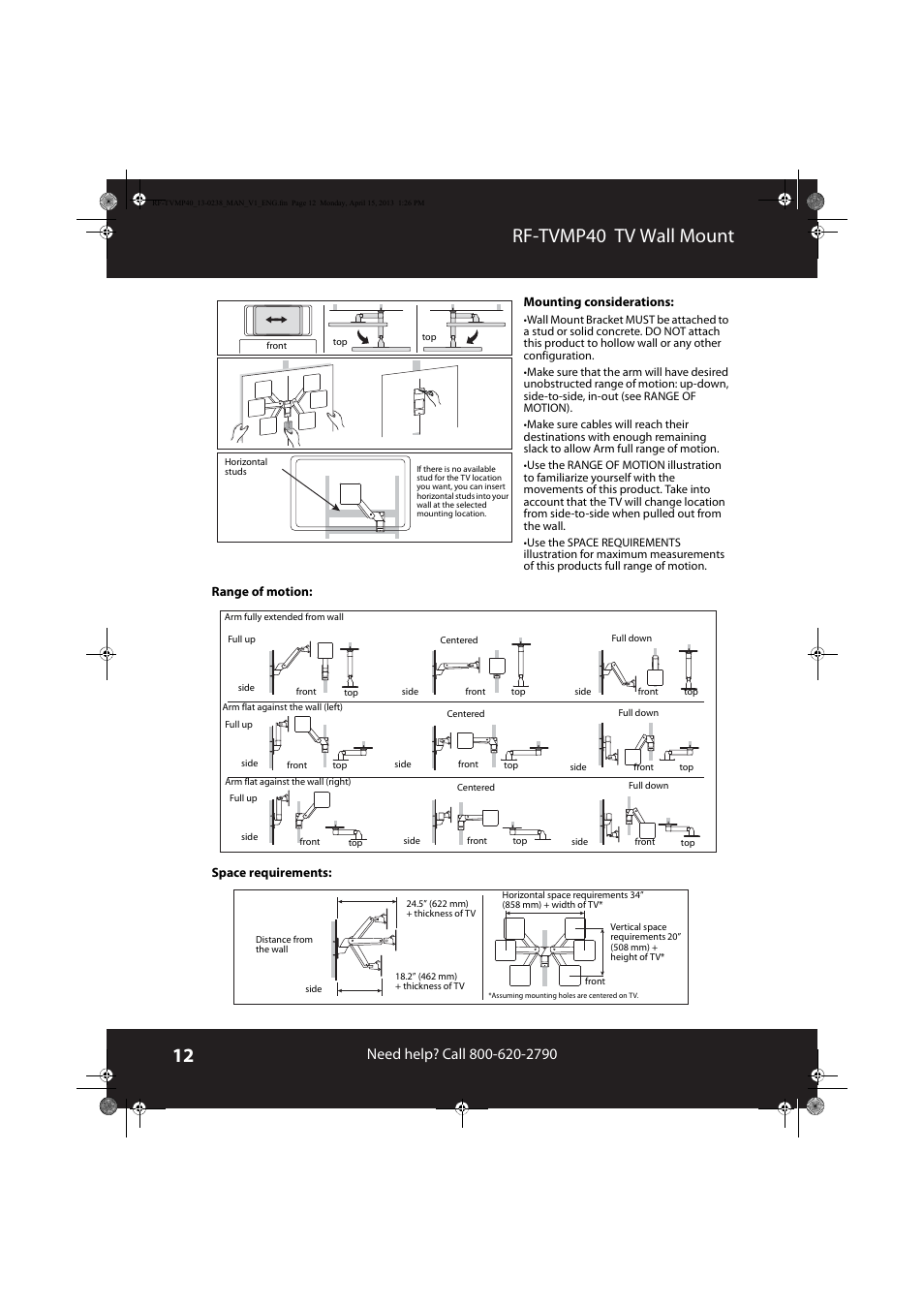 Rf-tvmp40 tv wall mount | RocketFish RF-TVMP40 - User Manual User Manual | Page 12 / 22