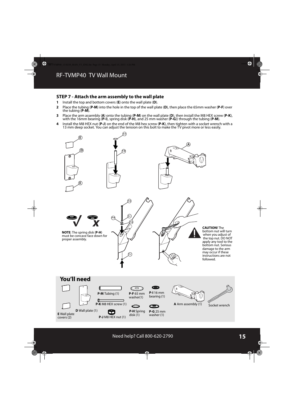 Rf-tvmp40 tv wall mount, You’ll need, Step 7 - attach the arm assembly to the wall plate | RocketFish RF-TVMP40 - User Manual User Manual | Page 15 / 22