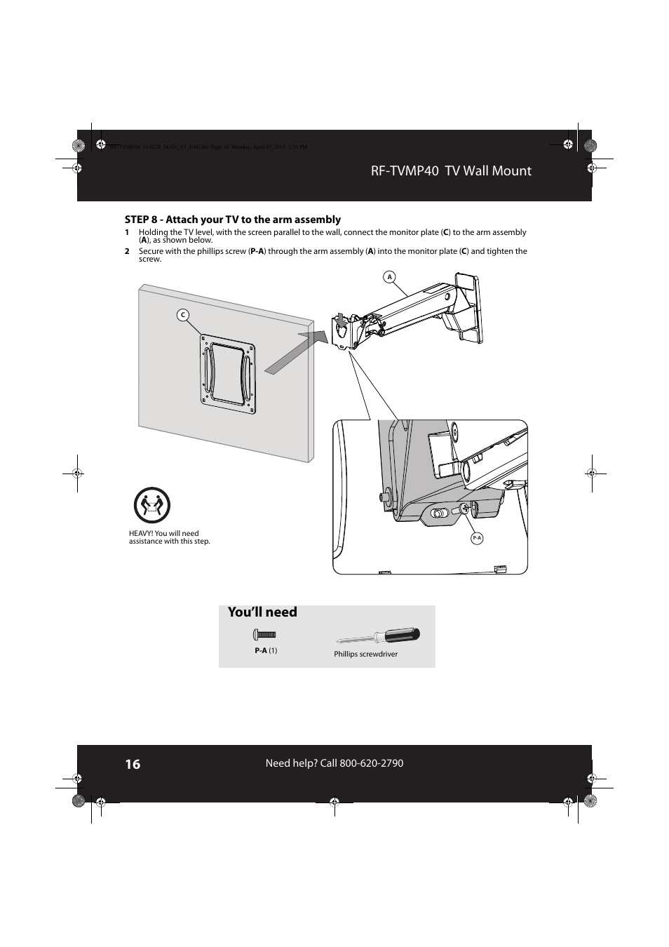 Rf-tvmp40 tv wall mount, You’ll need | RocketFish RF-TVMP40 - User Manual User Manual | Page 16 / 22