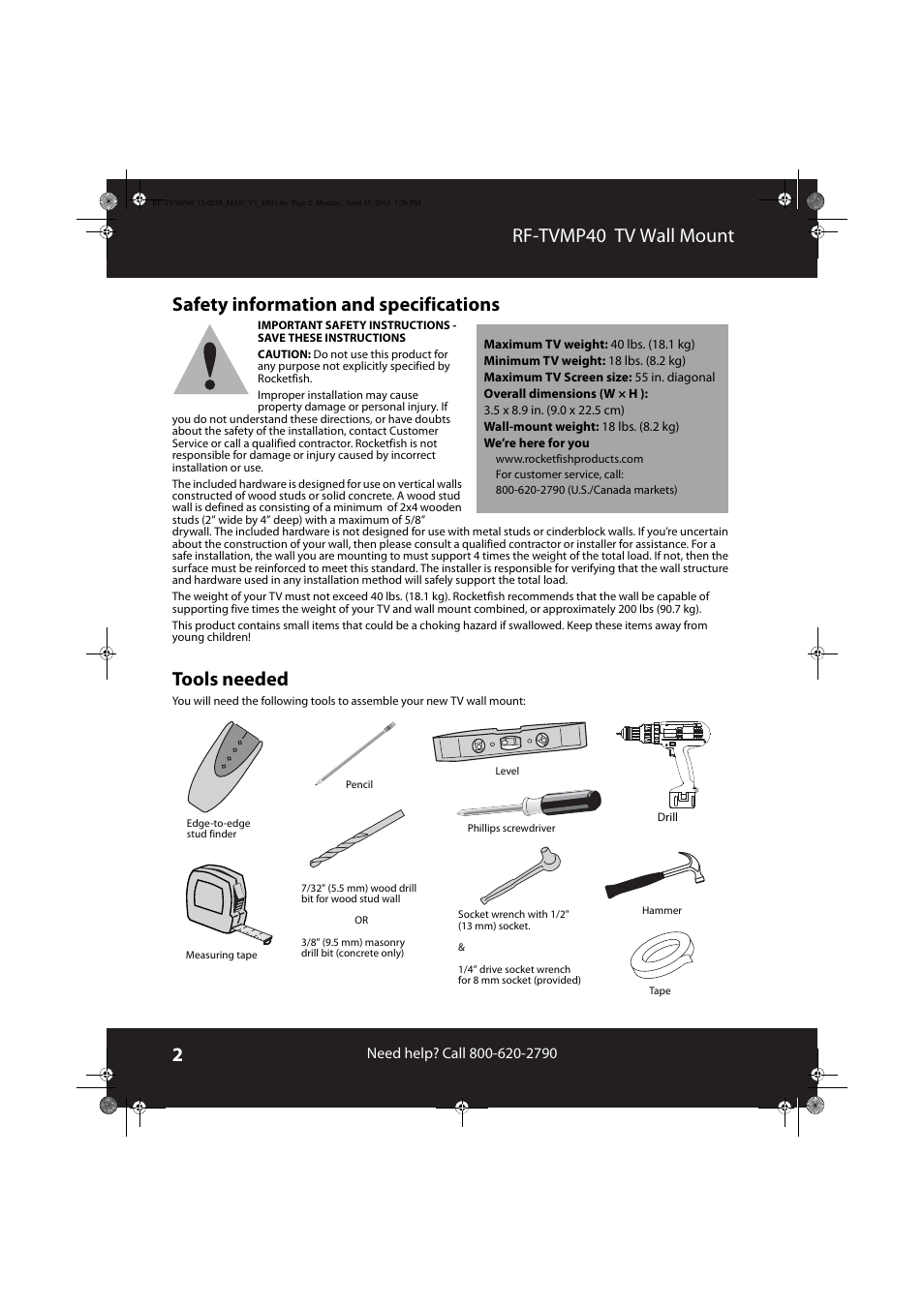Safety information and specifications, Tools needed, Safety information and specifications tools needed | RocketFish RF-TVMP40 - User Manual User Manual | Page 2 / 22
