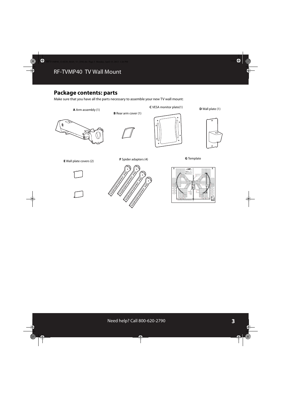 Package contents: parts, Rf-tvmp40 tv wall mount package contents: parts | RocketFish RF-TVMP40 - User Manual User Manual | Page 3 / 22