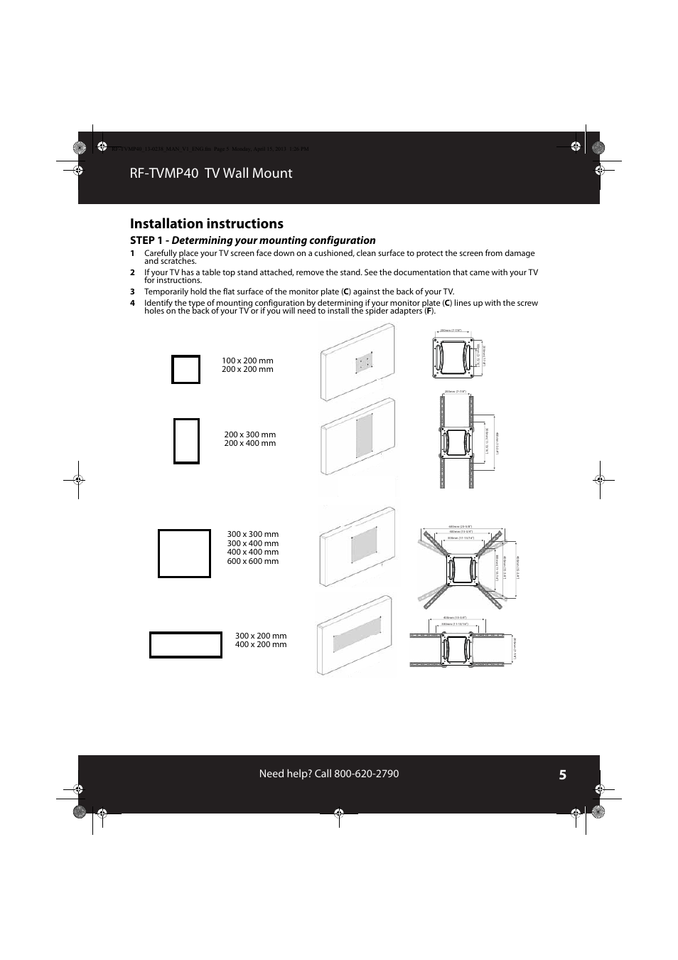 Installation instructions, Rf-tvmp40 tv wall mount installation instructions, Step 1 - determining your mounting configuration | RocketFish RF-TVMP40 - User Manual User Manual | Page 5 / 22
