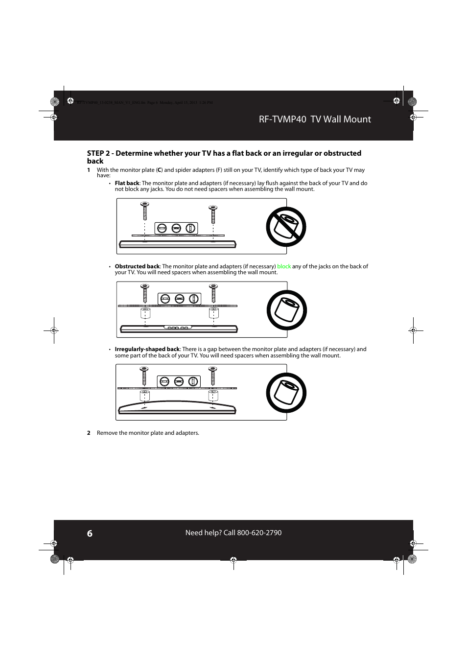 Rf-tvmp40 tv wall mount | RocketFish RF-TVMP40 - User Manual User Manual | Page 6 / 22